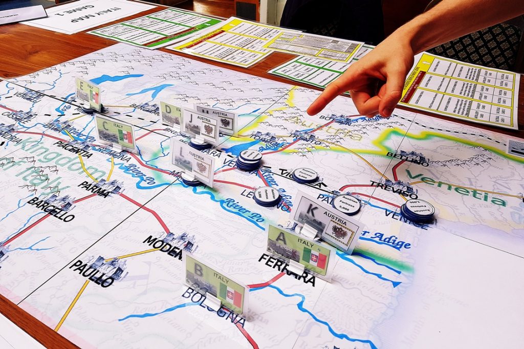 Initial troops deployment with a very stylish pointer at the 1866 And All That Megagame