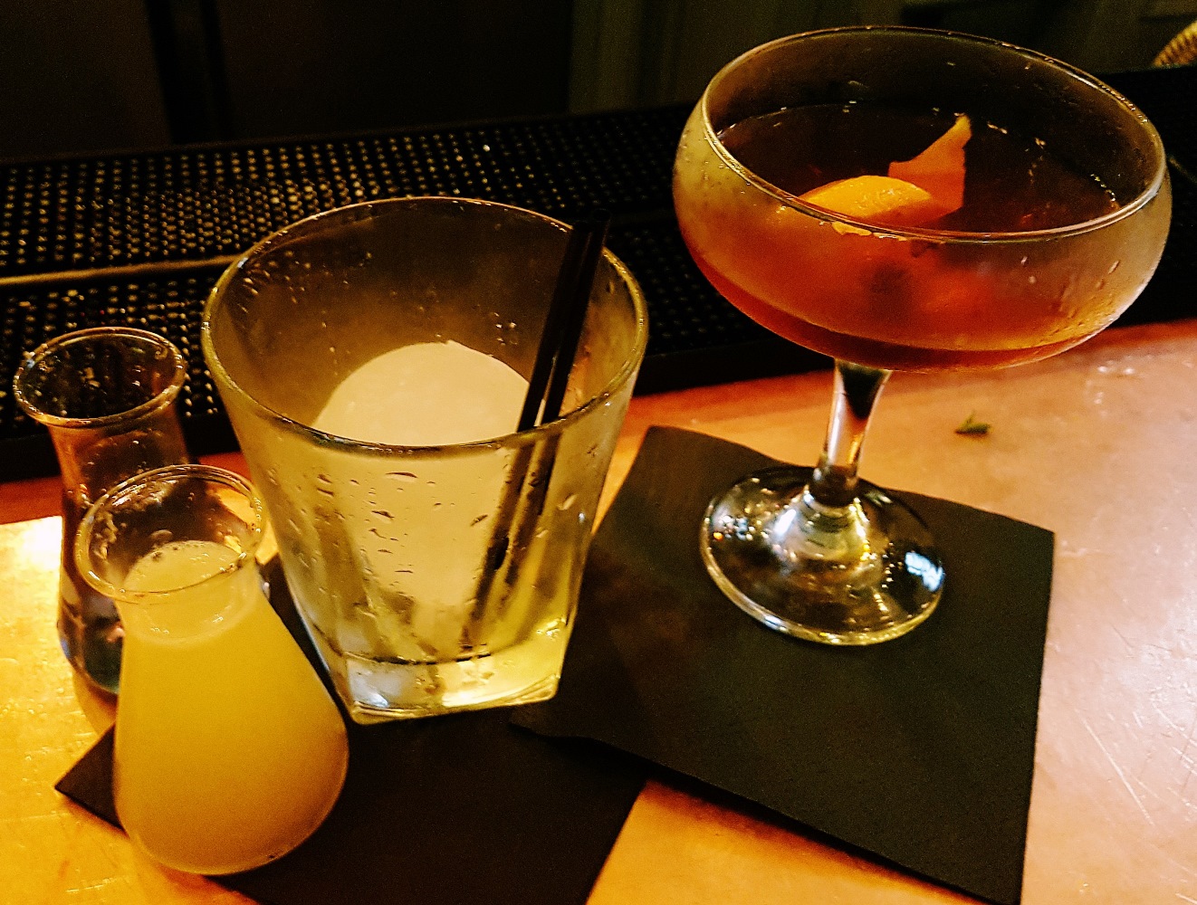 Colour Changing One and Chocolate Orange Sazerac cocktails at Alchemist Leeds Trinity