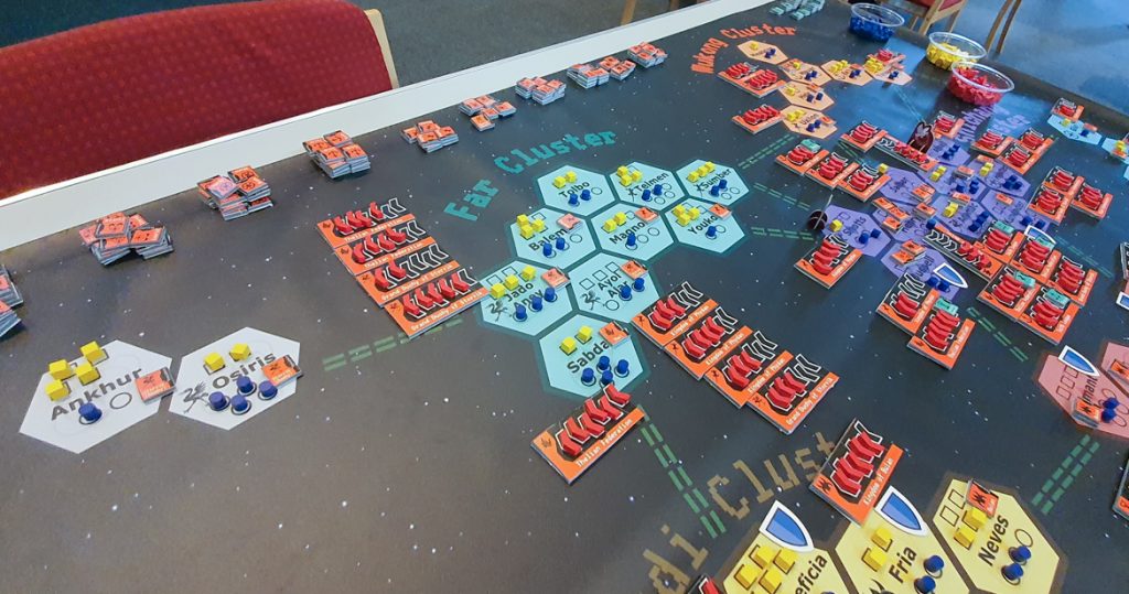 Far Cluster at the start of turn two action resolution, with Grand Duchy fleets in Jado and Alor