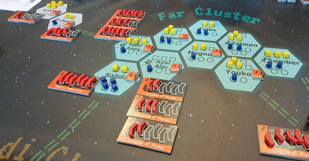 Far Cluster at the end of turn two action resolution, with the Grand Duchy fleets in Jado and Alor destroyed