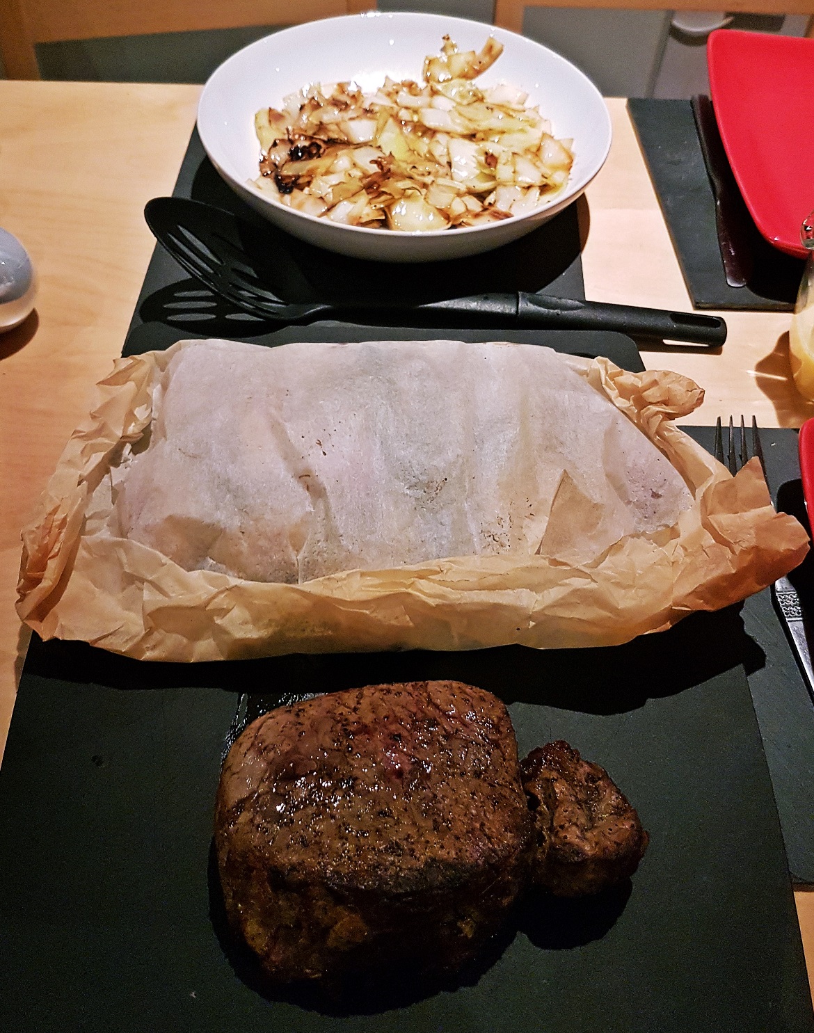 Buttered cabbage, parchment potatoes and chateaubriand - Conqueror's Chateaubriand and Ye Olde Parchment Potatoes - Cooking Games Recipe by BeckyBecky Blogs