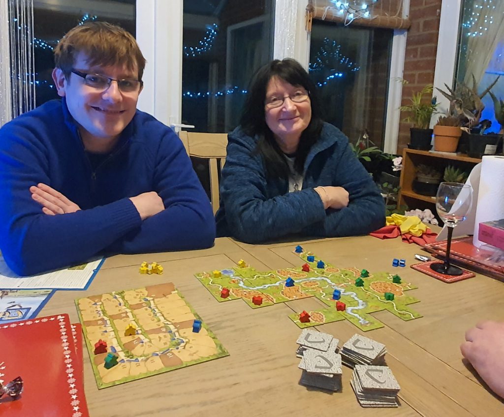 Tim and Becky's mum with a game of Carcassonne