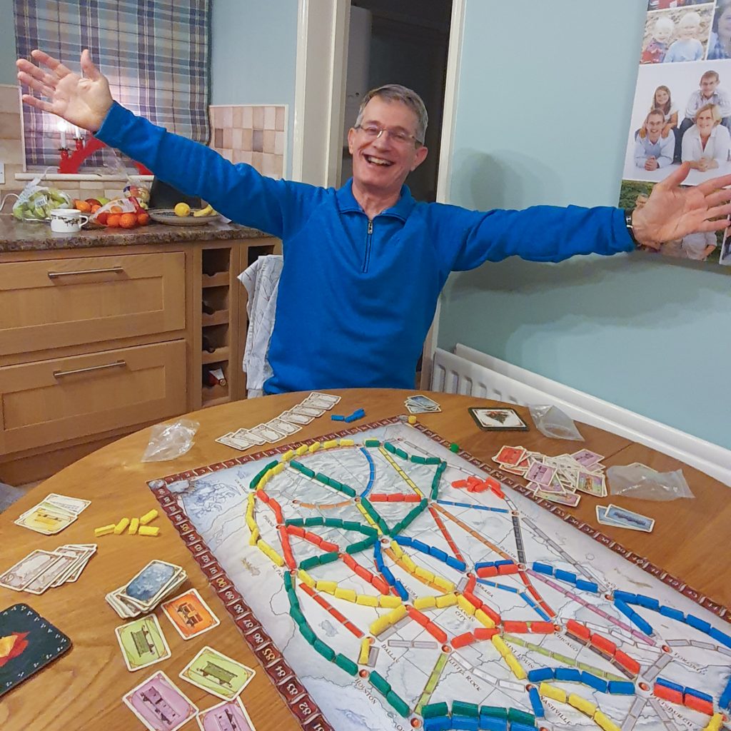 Tim's dad celebrating winning Ticket to Ride