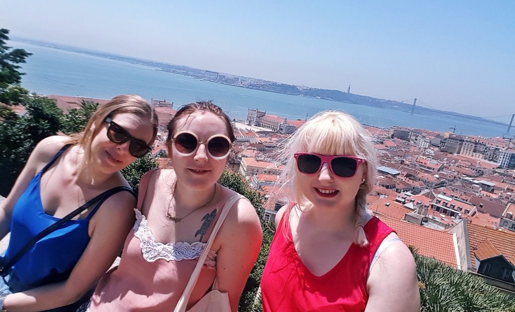 Me, Keeleigh and Sarah in front of a Lisbon Panorama from Castelo de Sao Jorge - Things to Do in Lisbon, Portgual, travel blog by BeckyBecky Blogs