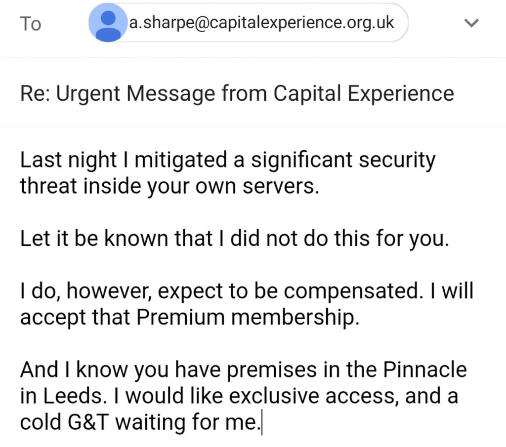 Email to Capital Experience - The Lucky Ones, immersive theatre experience by Riptide Leeds, review by BeckyBecky Blogs