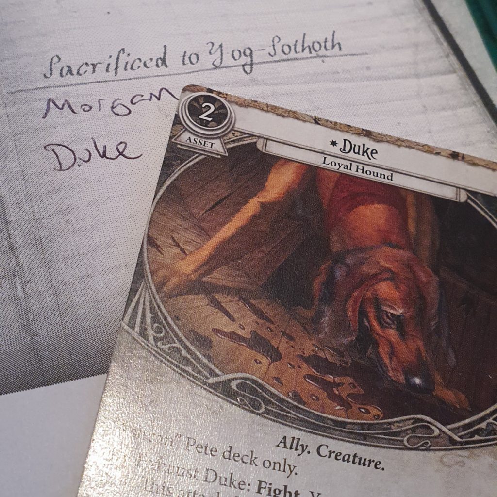 Duke's sacrifice in Return to the Dunwich Legacy campaign for the Arkham Horror Living Card Game - March 2020 Monthly Recap by BeckyBecky Blogs