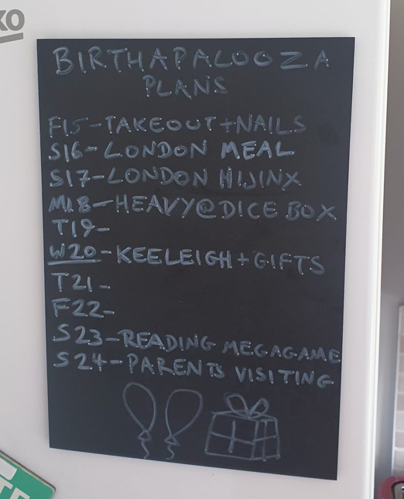 Birthapalooza plans written on a chalkboard on my fridge