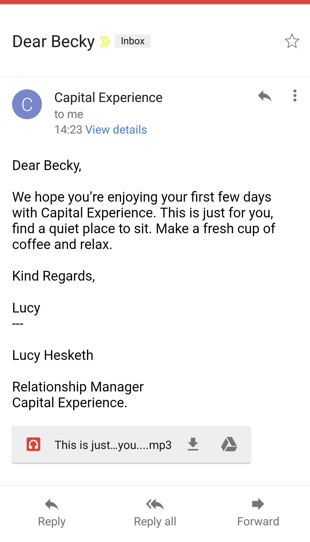 The email from Capital Experience - The Lucky Ones, immersive theatre experience by Riptide Leeds, review by BeckyBecky Blogs
