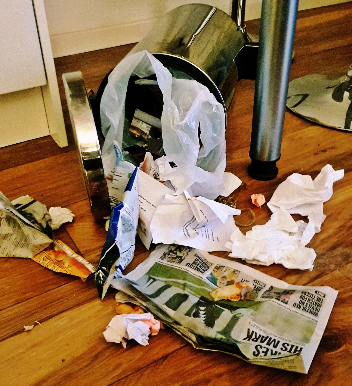 Overturned bin in Lucy's flat - The Lucky Ones, immersive theatre experience by Riptide Leeds, review by BeckyBecky Blogs