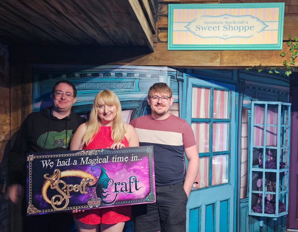 Becky, Tim and Ed outside the Spellcraft escape room by Tulleys Farm